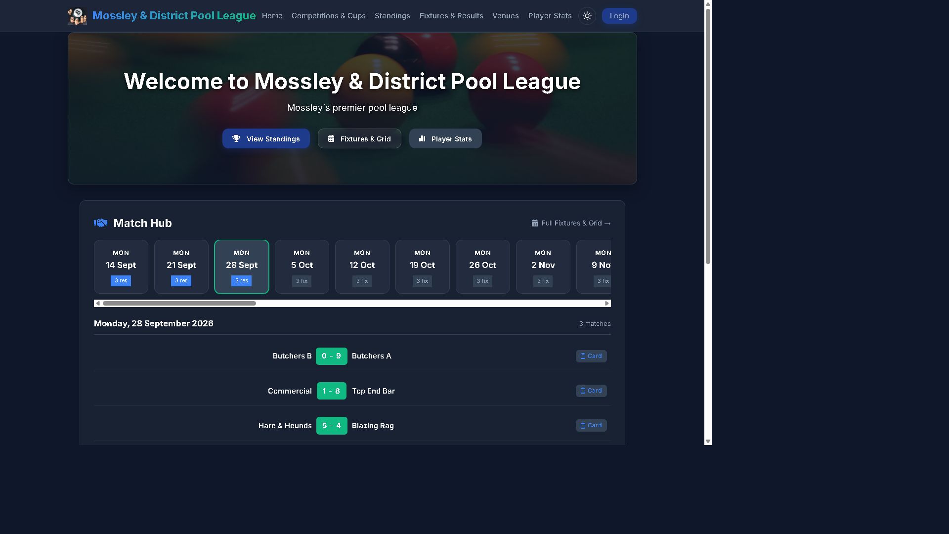 Pool League Pro public homepage with Match Hub and results